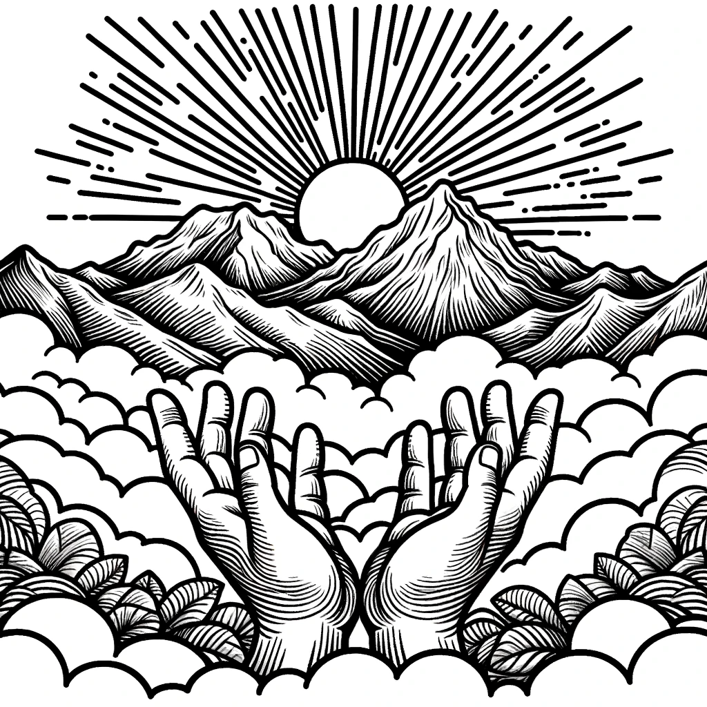 Here is the coloring book page of the scene with open hands reaching out from the clouds